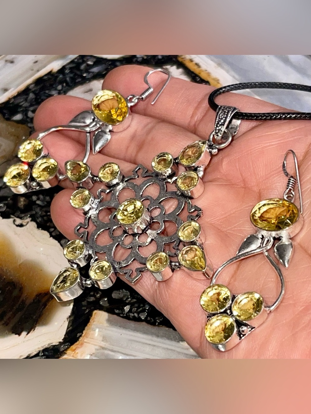 Bohemian Simulated Citrine Pendant & Earrings Set